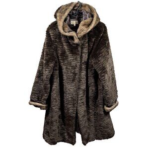 Monique Collection Coat Womens XL Brown Faux Fur Hooded Satin Lined Hook Closure